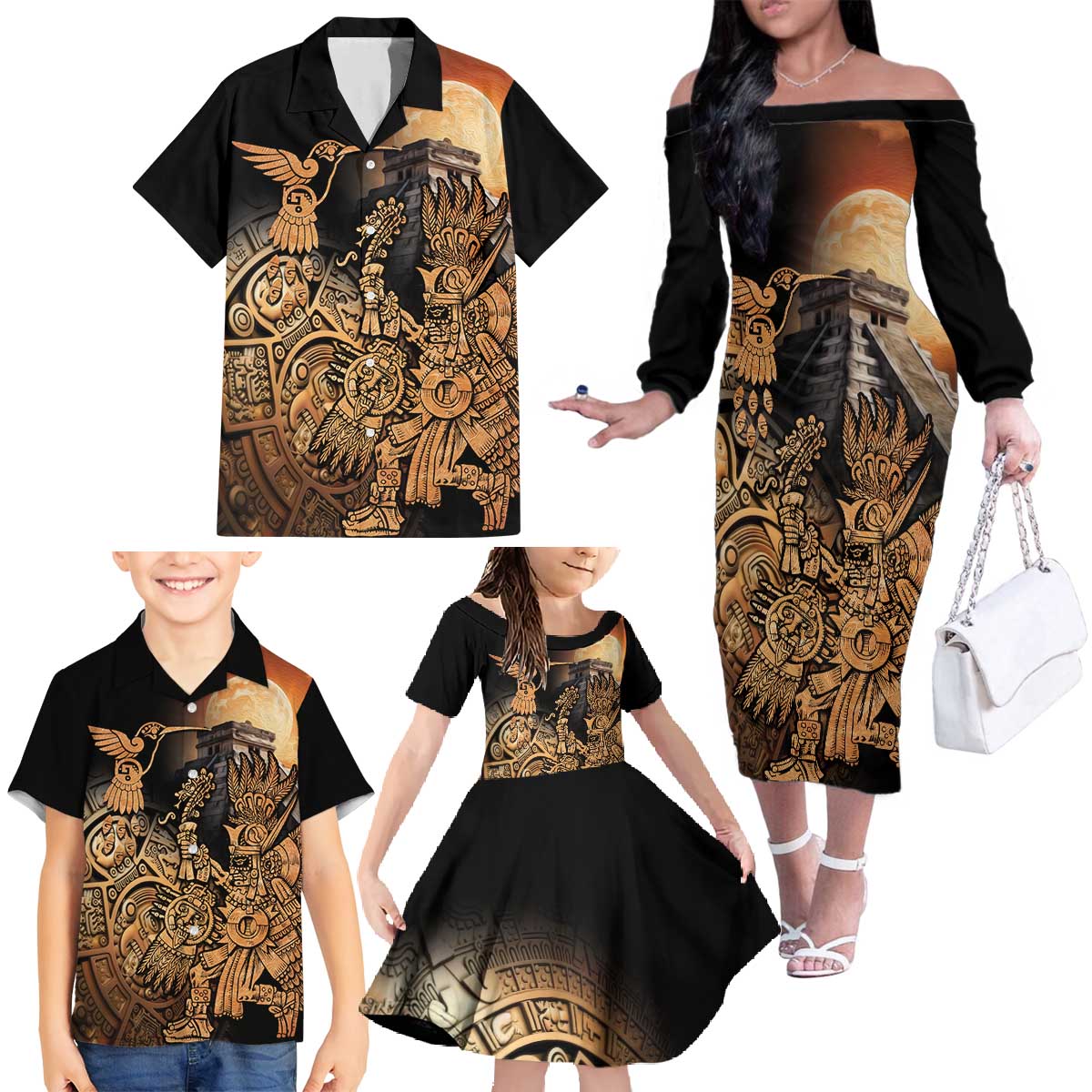 Mexico Warrior Family Matching Off The Shoulder Long Sleeve Dress and Hawaiian Shirt Huitzilopochtli With Aztec Hummingbird