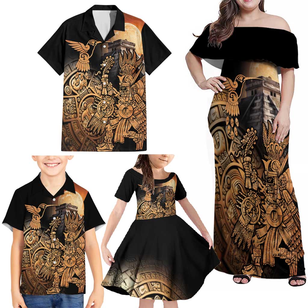 Mexico Warrior Family Matching Off Shoulder Maxi Dress and Hawaiian Shirt Huitzilopochtli With Aztec Hummingbird