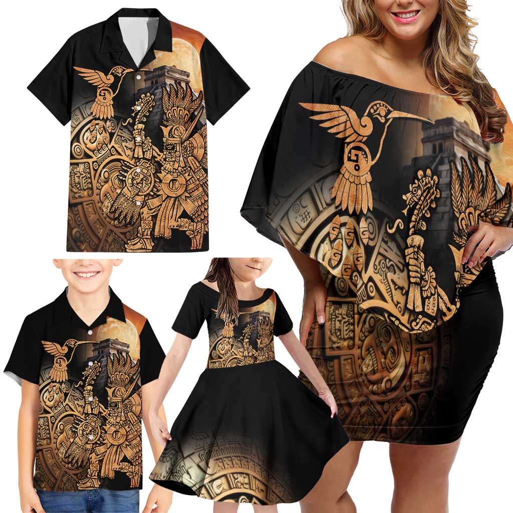 Mexico Warrior Family Matching Off Shoulder Short Dress and Hawaiian Shirt Huitzilopochtli With Aztec Hummingbird