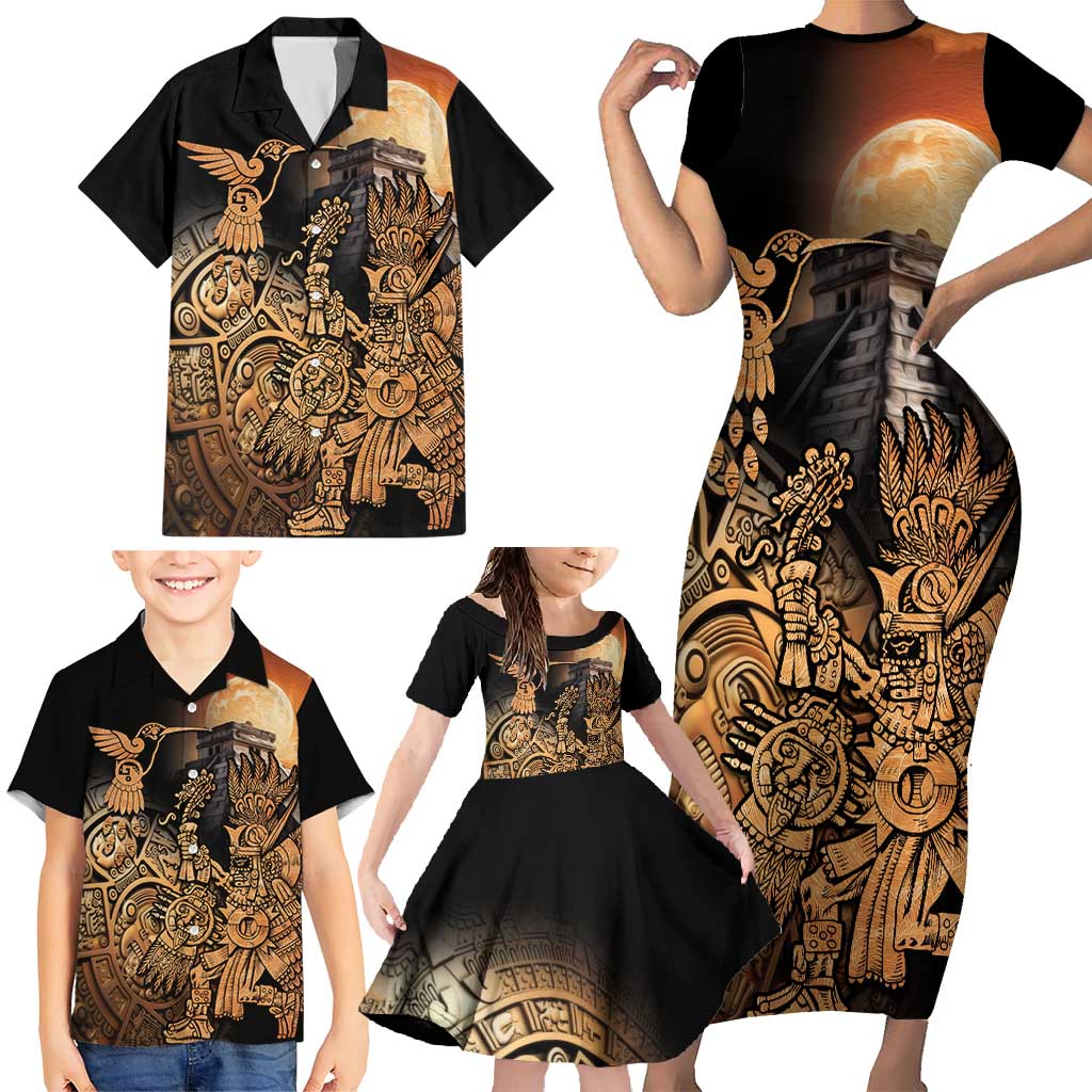 Mexico Warrior Family Matching Short Sleeve Bodycon Dress and Hawaiian Shirt Huitzilopochtli With Aztec Hummingbird