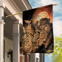 Black garden flag with Aztec warrior, hummingbird, and full moon print