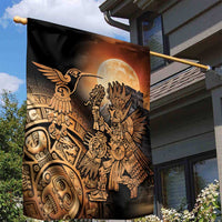 Black garden flag featuring Aztec warrior and hummingbird with full moon