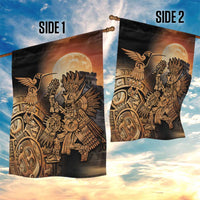 Two-sided black garden flag showing Aztec warrior with hummingbird and full moon