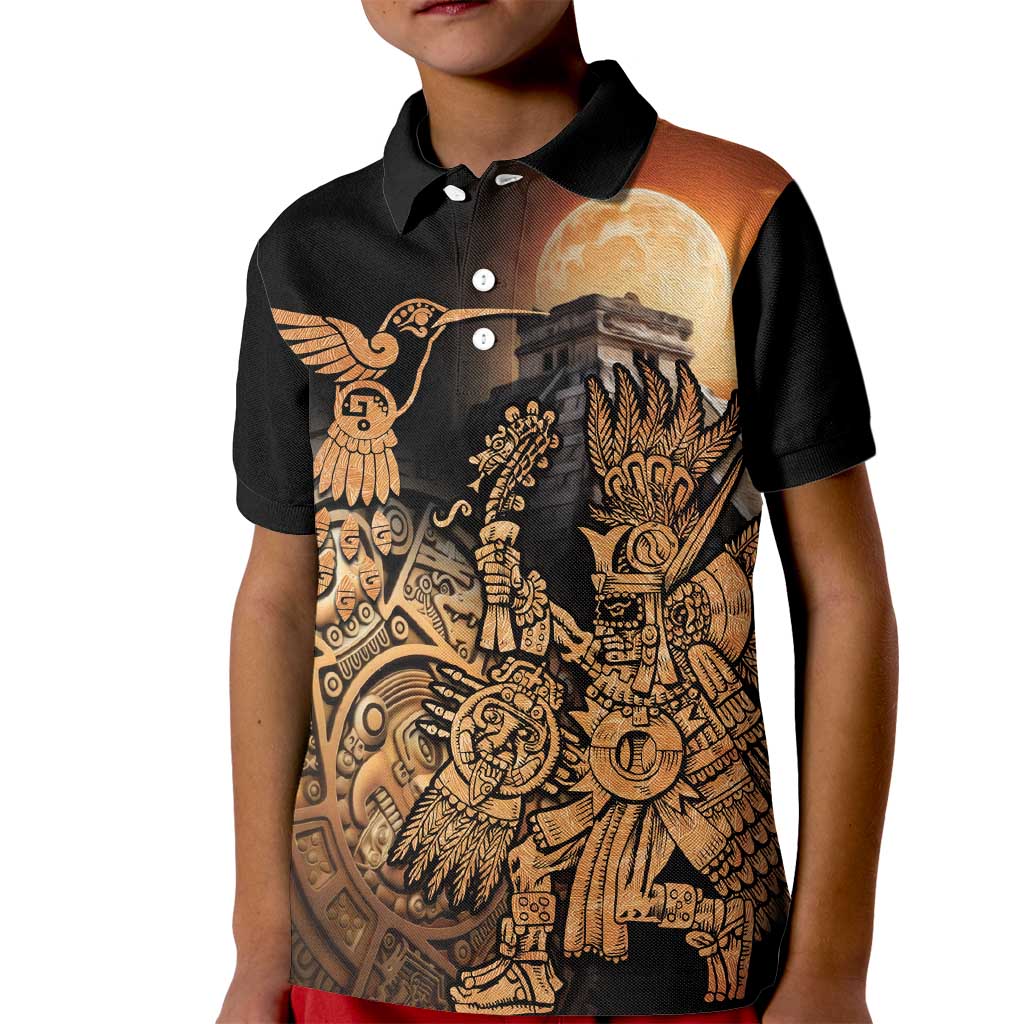 Mexico Warrior Kid Polo Shirt Huitzilopochtli With Aztec Hummingbird