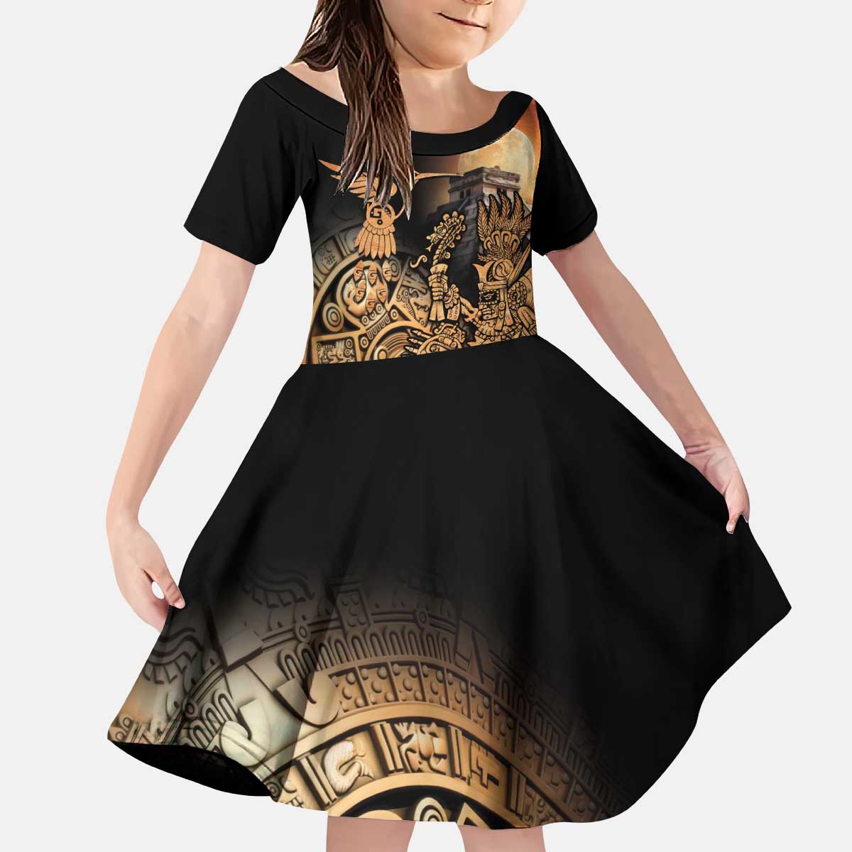 Mexico Warrior Kid Short Sleeve Dress Huitzilopochtli With Aztec Hummingbird