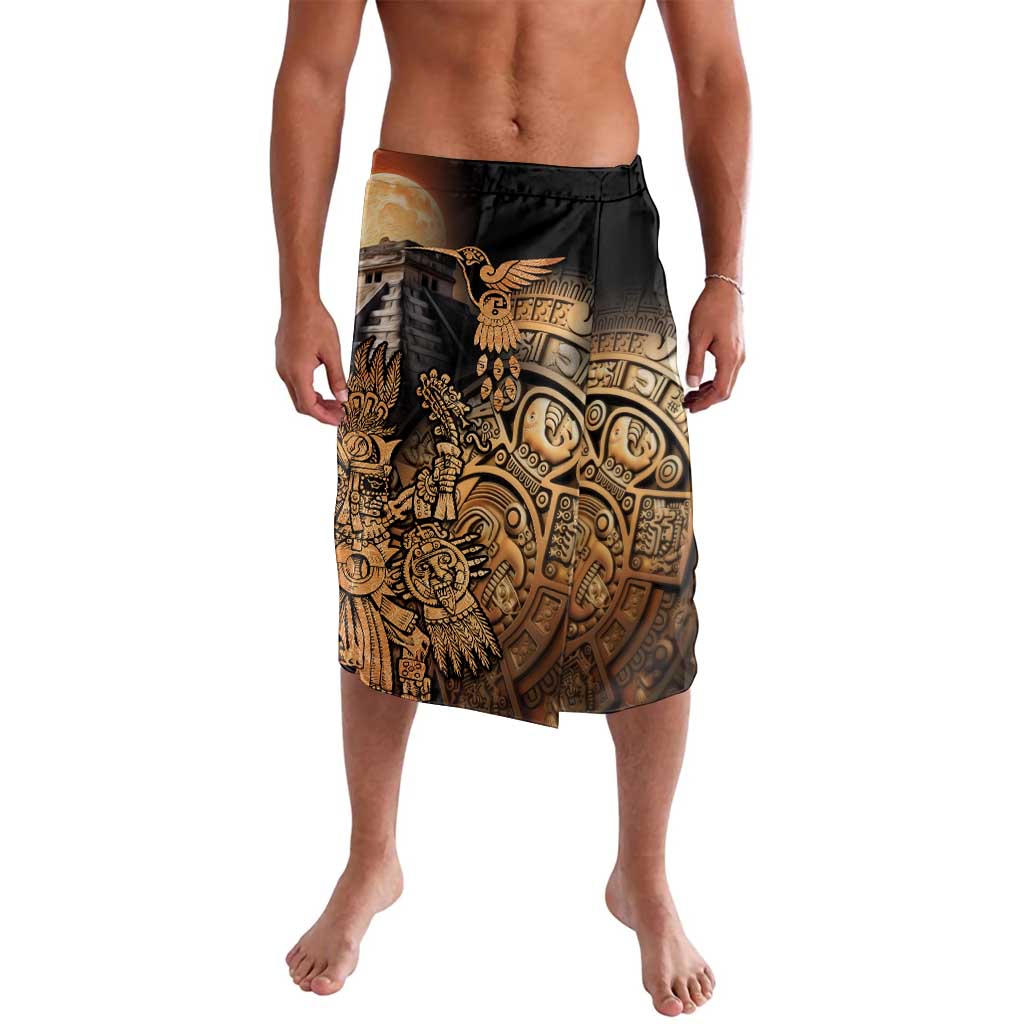 Men's black lavalava skirt with Aztec warrior and hummingbird graphic, side tie waist