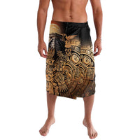 Men's black lavalava skirt with Aztec warrior and hummingbird graphic, side tie waist