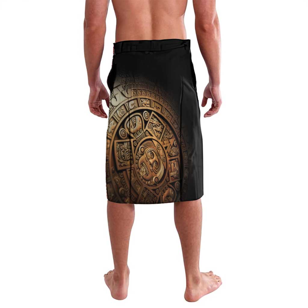 Men's black lavalava skirt with large Aztec temple pattern, elastic waistband