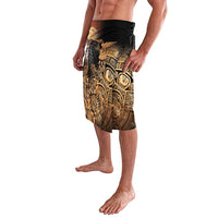 Men's black lavalava skirt featuring Aztec warrior artwork, front drape and tied waist