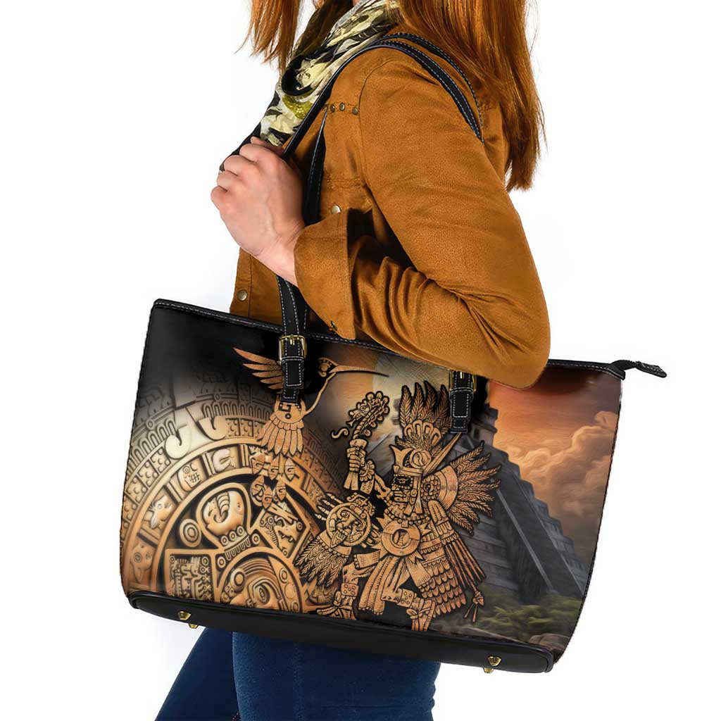 Mexico Warrior Leather Tote Bag Huitzilopochtli With Aztec Hummingbird