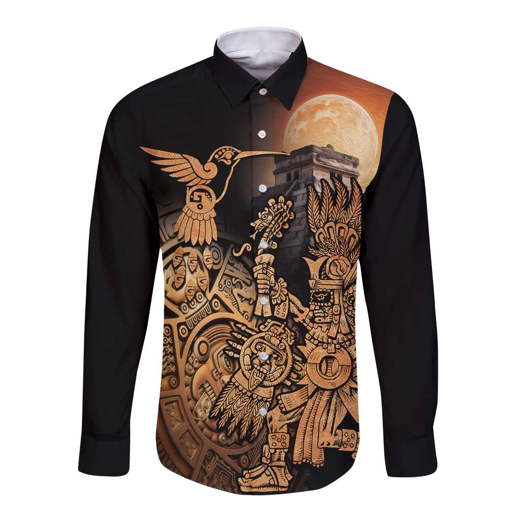 Black long-sleeve button shirt with Aztec hummingbird print, front view.