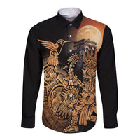 Black long-sleeve button shirt with Aztec hummingbird print, front view.