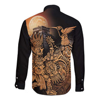 Black long-sleeve button shirt with Aztec hummingbird print, back view.