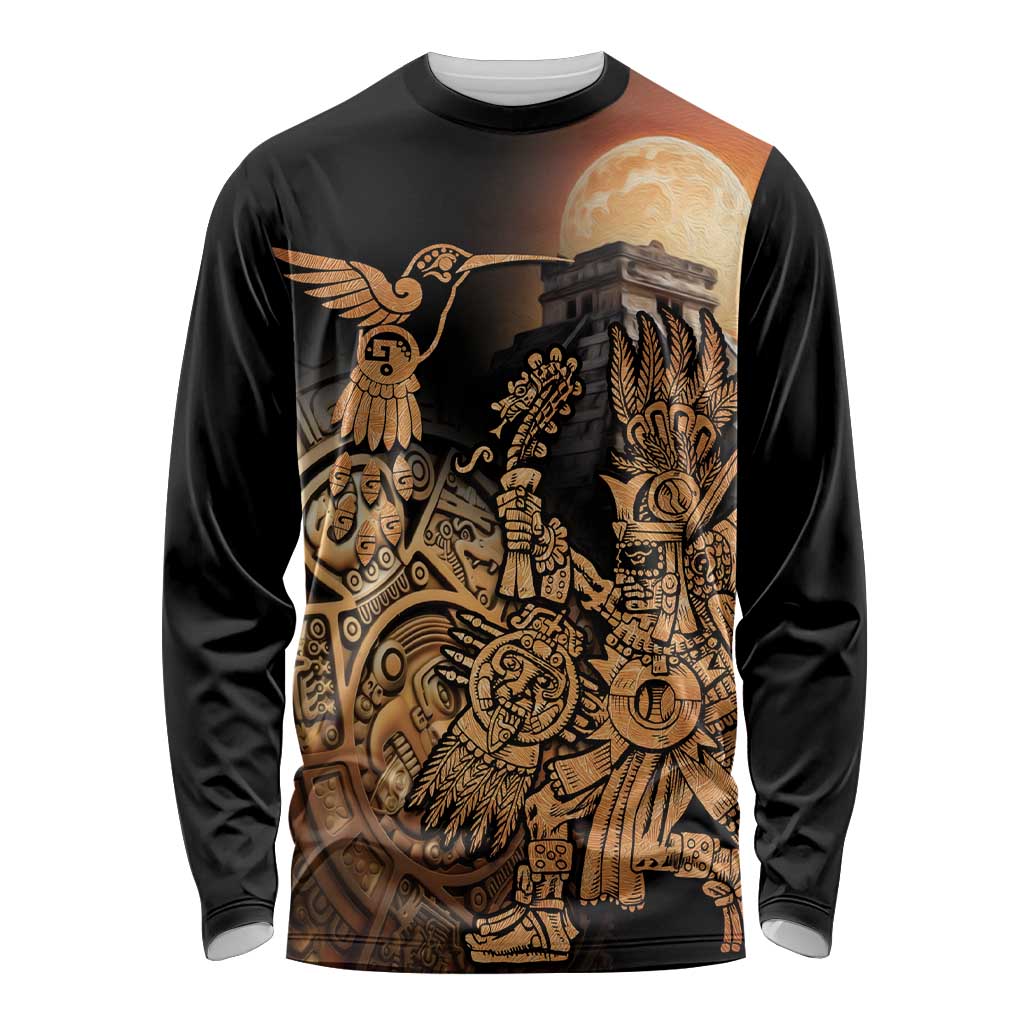 Mexico Warrior Long Sleeve Shirt Huitzilopochtli With Aztec Hummingbird