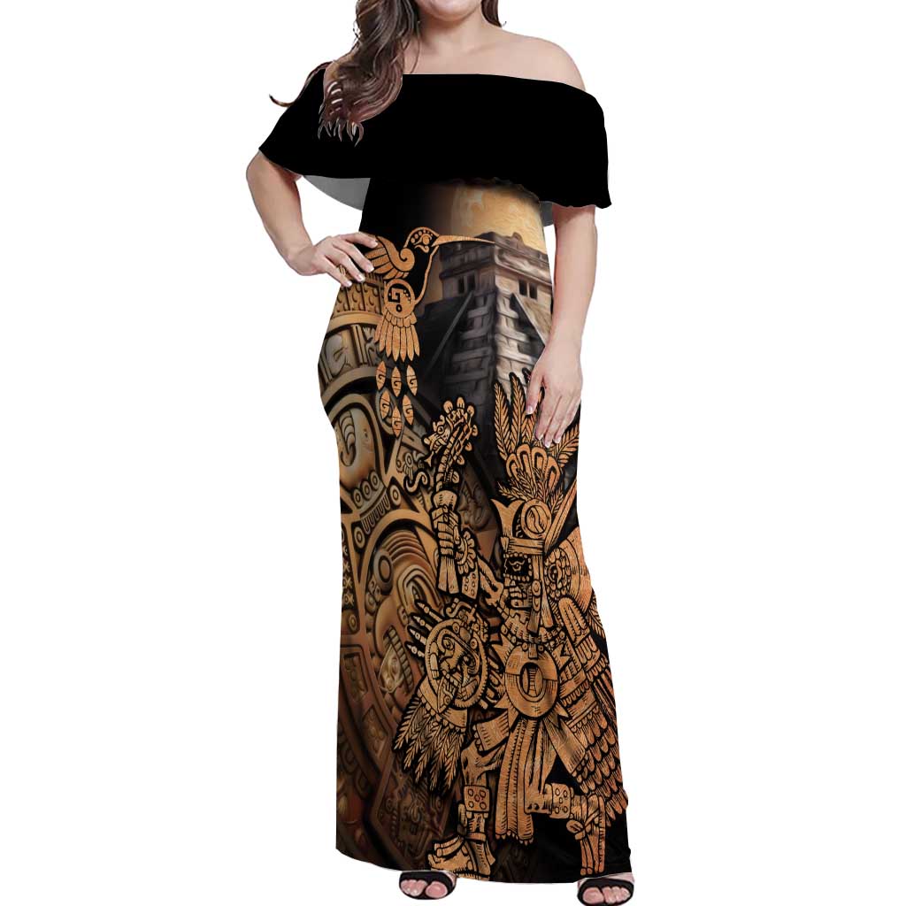 Mexico Warrior Off Shoulder Maxi Dress Huitzilopochtli With Aztec Hummingbird