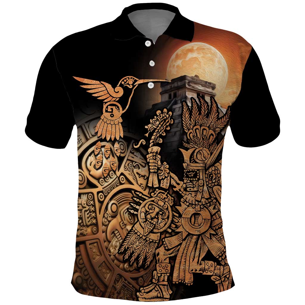 Mexico Warrior Polo Shirt Huitzilopochtli With Aztec Hummingbird