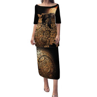 Black long dress with gold Aztec warrior hummingbird print, short sleeves