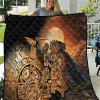 Black quilted blanket with Aztec warrior and feathered bird motif, golden printed design