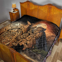Black quilted bedspread with Aztec warrior feathered bird print in golden and tan tones