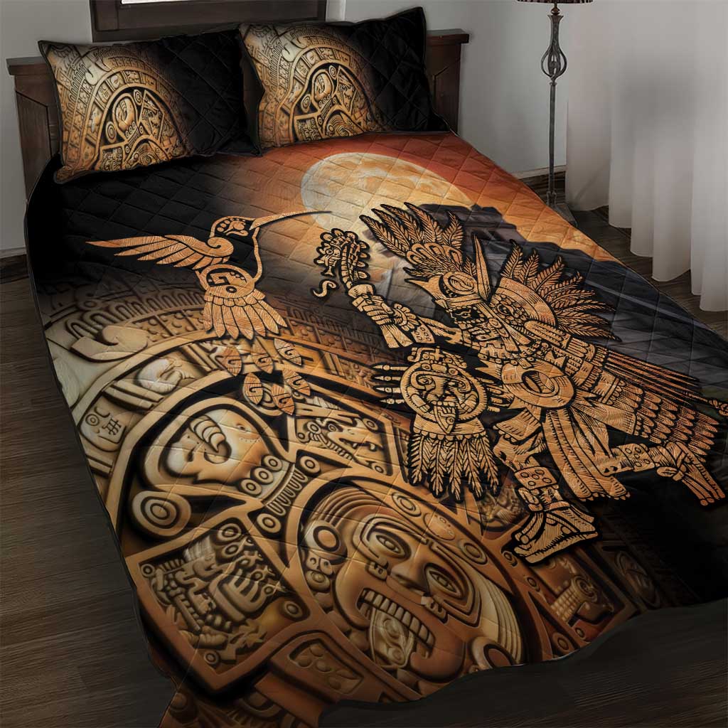 Quilt bed set: black quilt with gold Aztec hummingbird/warrior design and 2 black pillows
