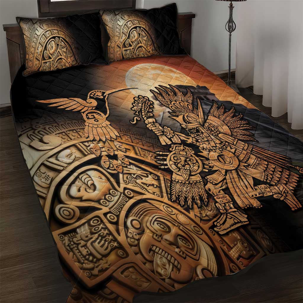 Mexico Warrior Quilt Bed Set Huitzilopochtli With Aztec Hummingbird