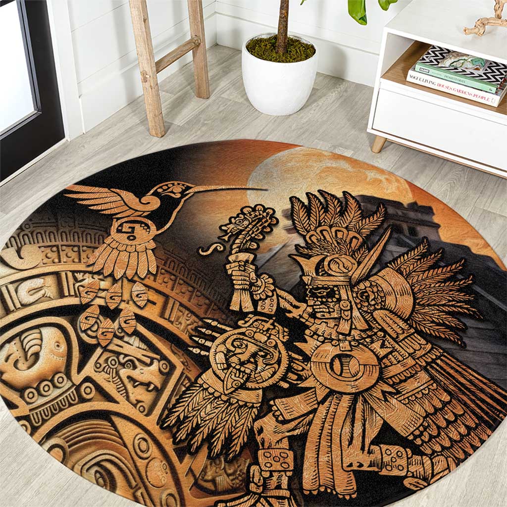 Round Aztec warrior rug with hummingbird and geometric border, black and tan