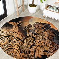 Round Aztec warrior rug with hummingbird and geometric border, black and tan