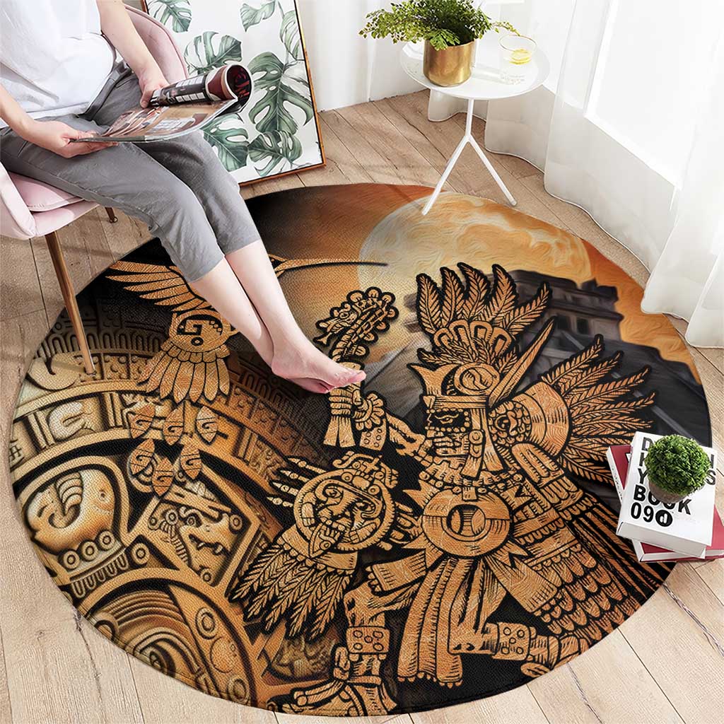 Round Aztec warrior carpet with hummingbird figure, black background and tan pattern