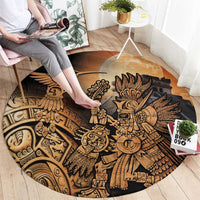 Round Aztec warrior carpet with hummingbird figure, black background and tan pattern