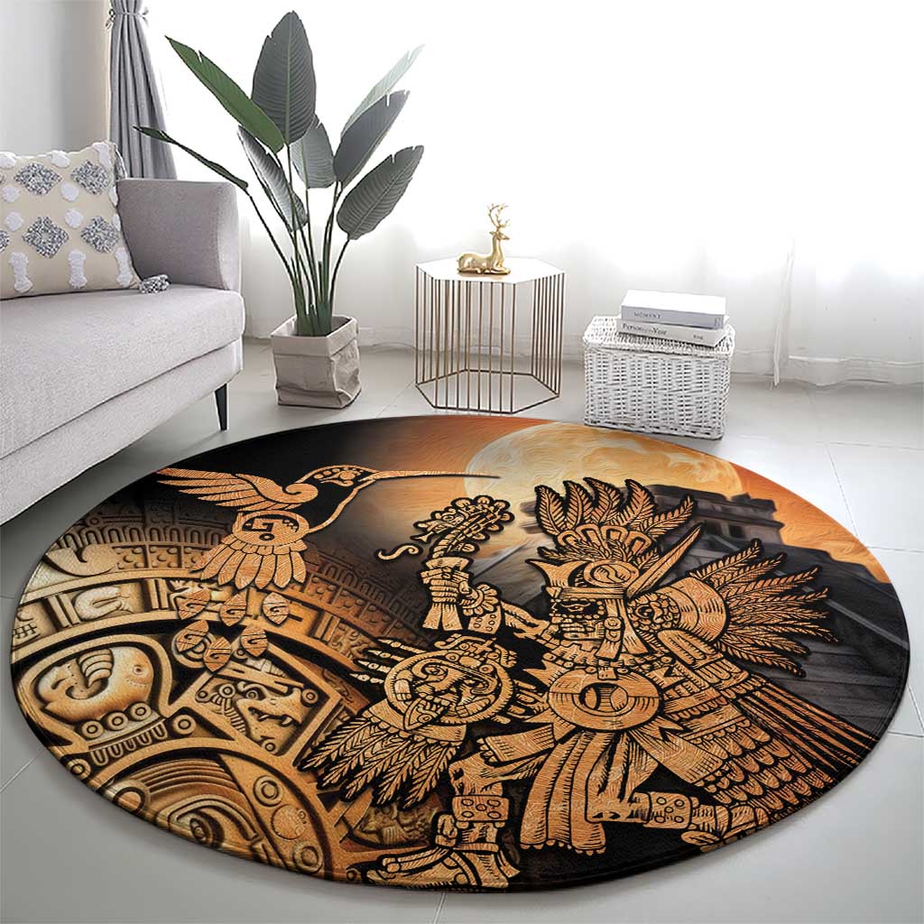 Round Aztec warrior rug featuring large bird motif, black and tan artwork