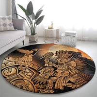 Round Aztec warrior rug featuring large bird motif, black and tan artwork
