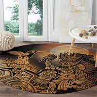 Round Aztec warrior carpet with central hummingbird and black-tan design