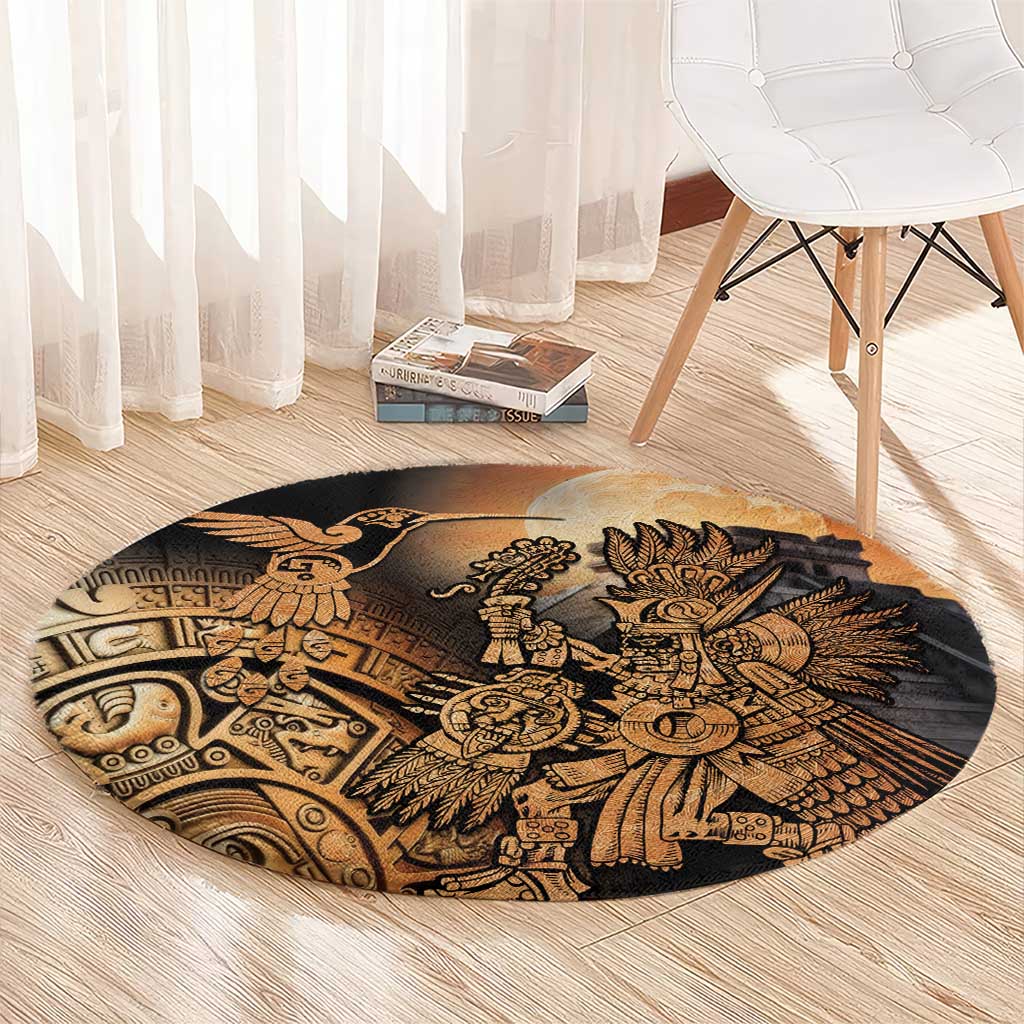 Round Aztec warrior rug with bird-and-warrior illustration, black and tan on floor