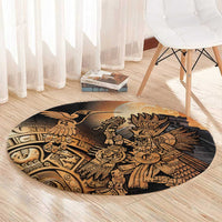 Round Aztec warrior rug with bird-and-warrior illustration, black and tan on floor