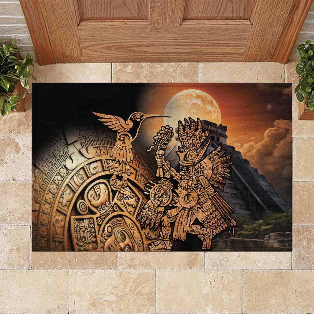 Black rubber doormat with Aztec warrior and hummingbird design, rectangular