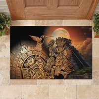 Black rubber doormat with Aztec warrior and hummingbird design, rectangular