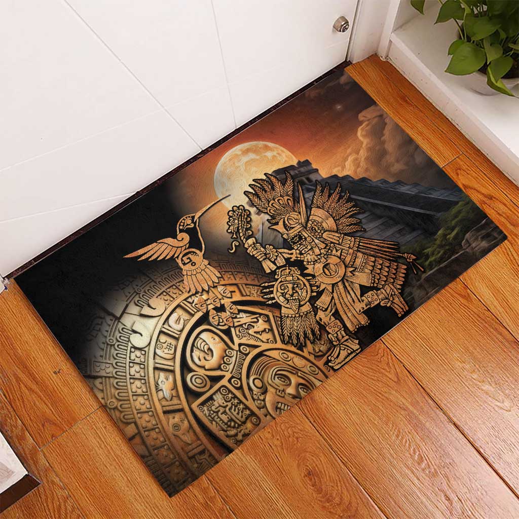 Black rubber doormat featuring Aztec warrior and hummingbird in moon scene