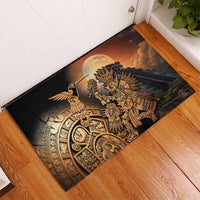 Black rubber doormat featuring Aztec warrior and hummingbird in moon scene