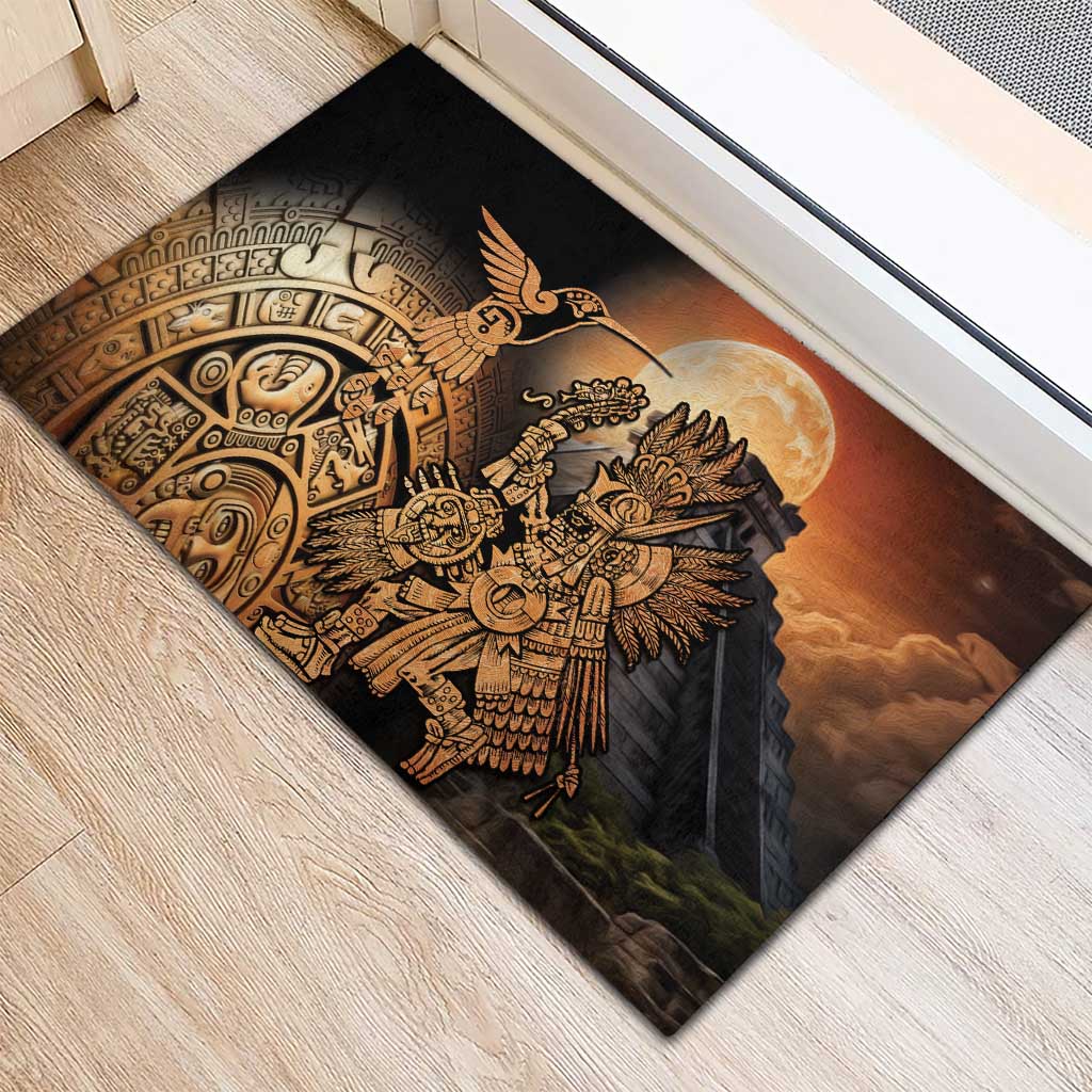 Black rubber doormat with Aztec warrior mask, eagle bird and moon graphic