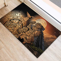 Black rubber doormat with Aztec warrior mask, eagle bird and moon graphic