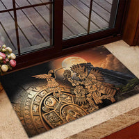 Black rubber doormat with Aztec warrior and hummingbird illustration, indoor entry