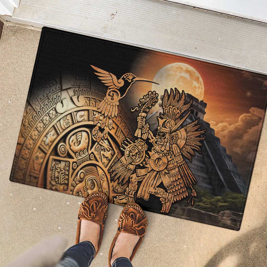 Black rubber doormat with Aztec warrior and hummingbird artwork