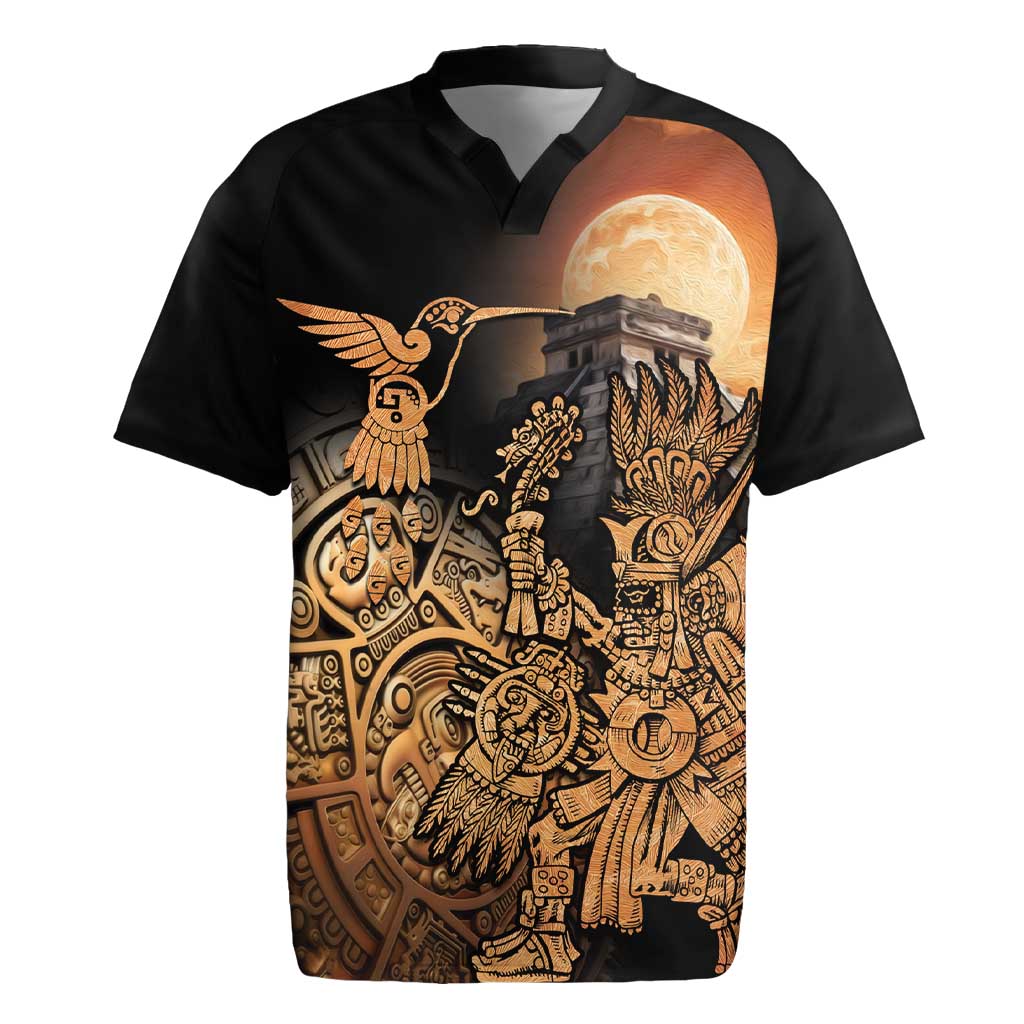 Black rugby jersey with Aztec hummingbird and warrior graphic panel, short sleeves