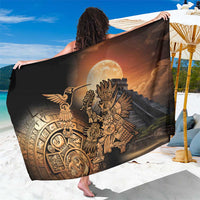 Black Aztec warrior sarong with gold hummingbird and sun emblem, draped