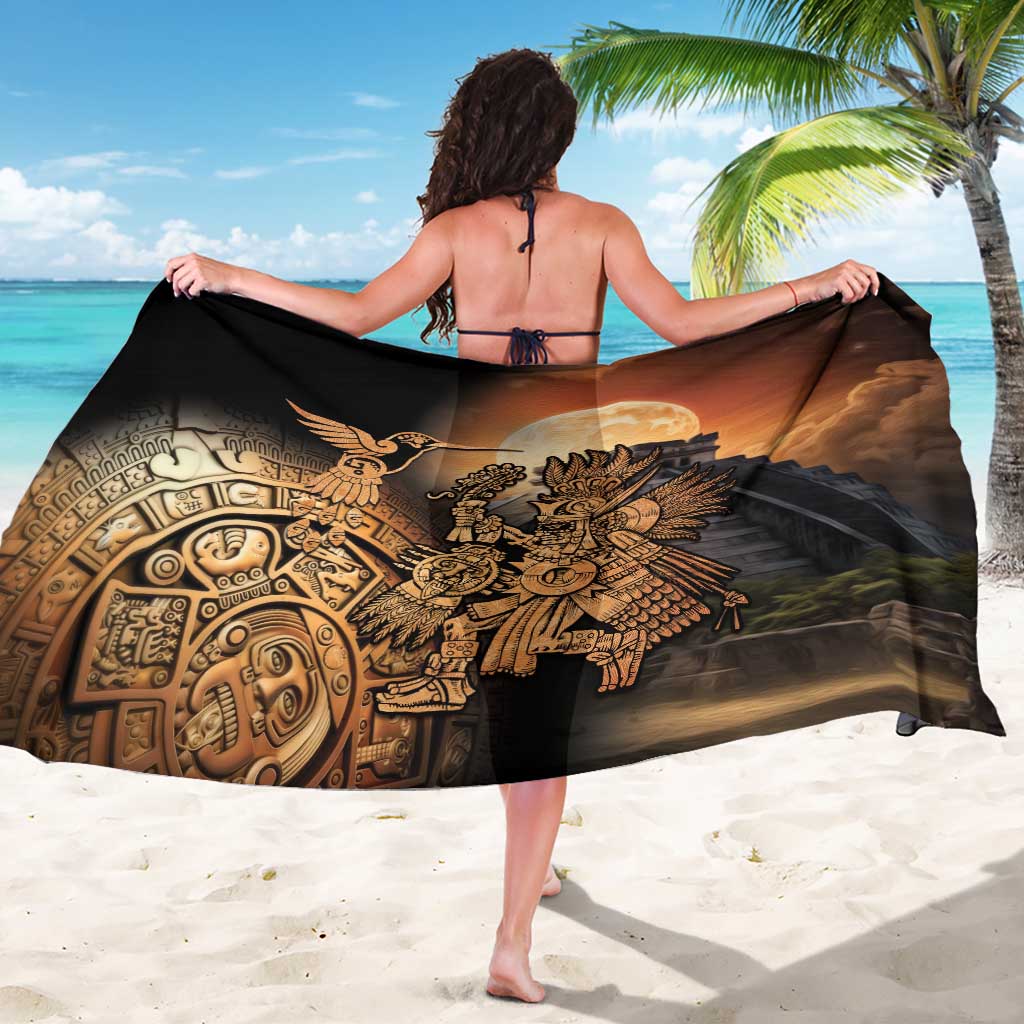 Black Aztec warrior sarong with gold hummingbird and full back motif, flowing