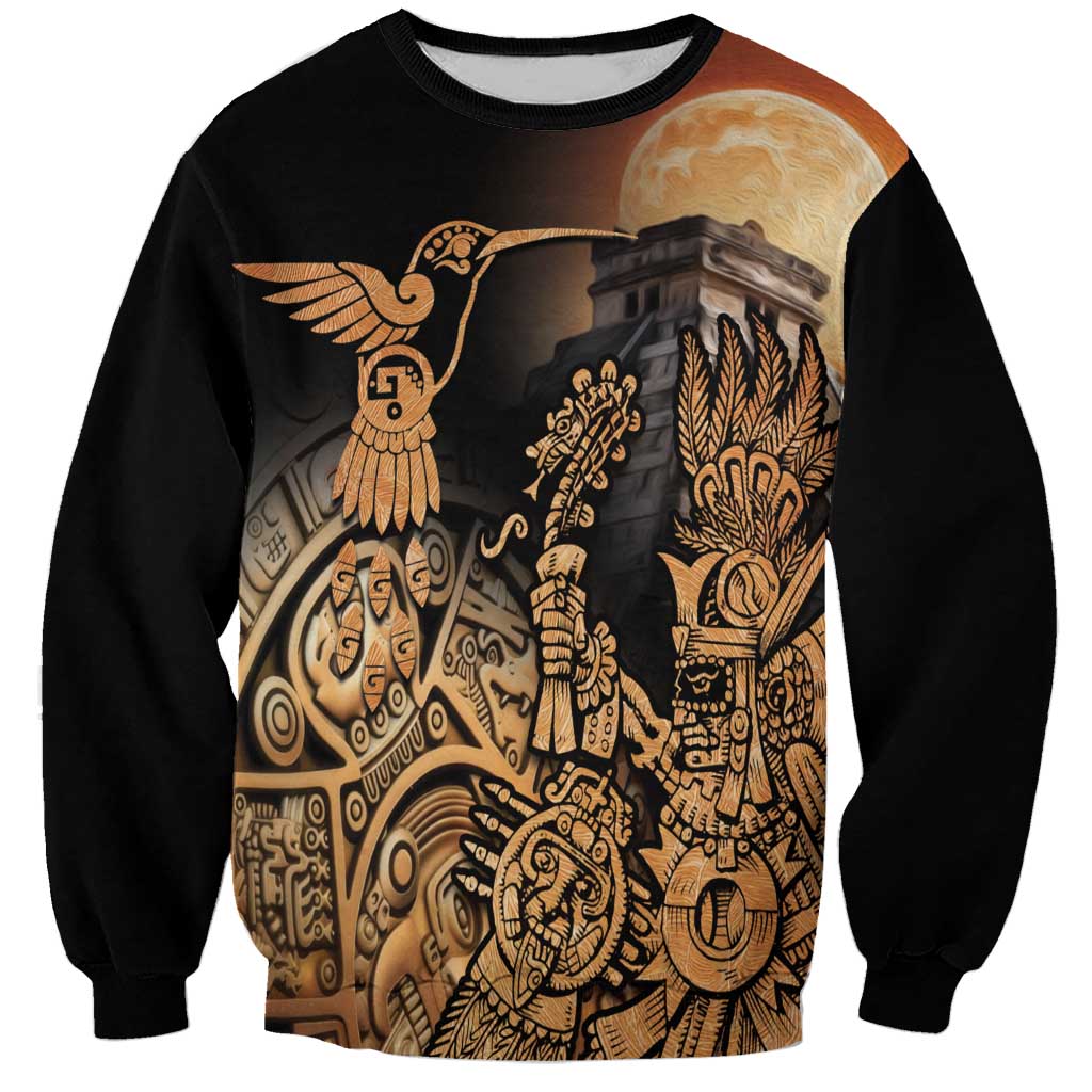 Unisex black sweatshirt, large Aztec warrior and bird front graphic with full moon