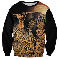 Unisex black sweatshirt, large Aztec warrior and bird front graphic with full moon