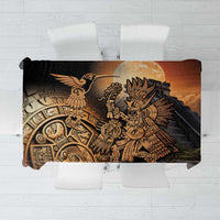 Aztec warrior tablecloth with golden hummingbird and geometric motifs on black