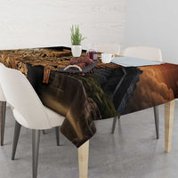 Aztec warrior tablecloth with black base and golden Aztec bird-and-warrior pattern
