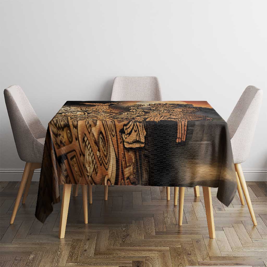 Aztec warrior tablecloth for dining table, black and gold hummingbird geometric print